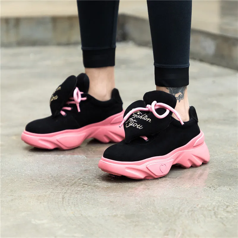 Cute Loving Heart Women Casual Shoe Laces Breathable Sport Sneakers Shoes Woman Platforms Walk Shoes Pink