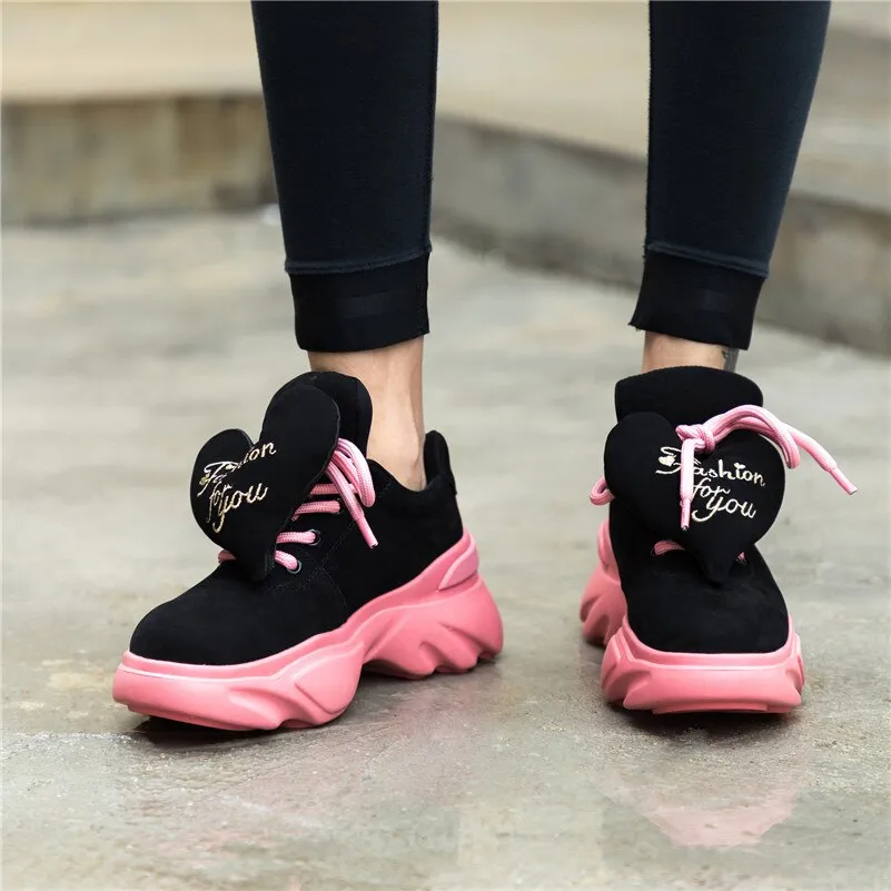 Cute Loving Heart Women Casual Shoe Laces Breathable Sport Sneakers Shoes Woman Platforms Walk Shoes Pink