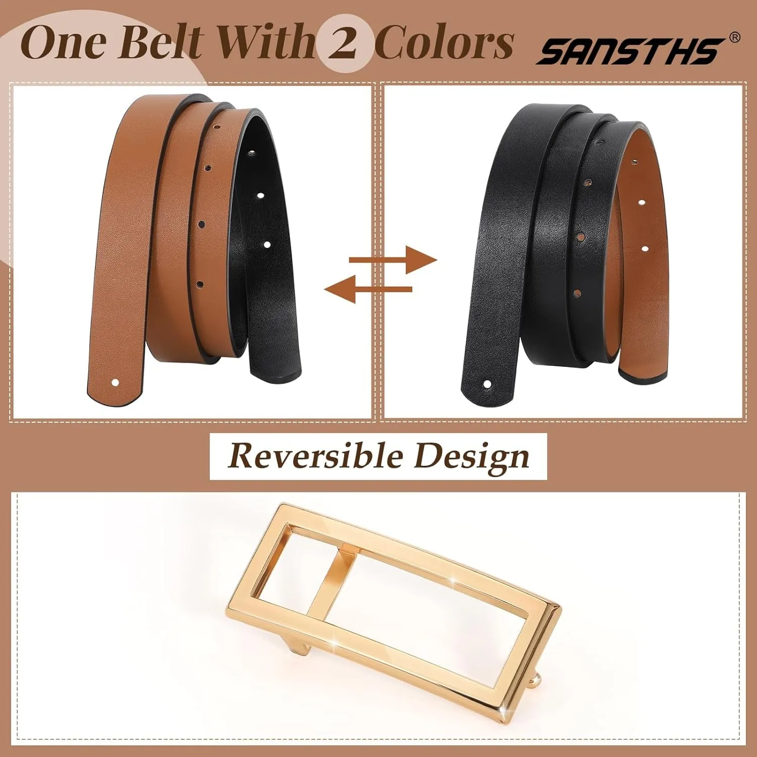 Double-sided women's thin belt for Dresses Jeans Pants with Gold Buckle