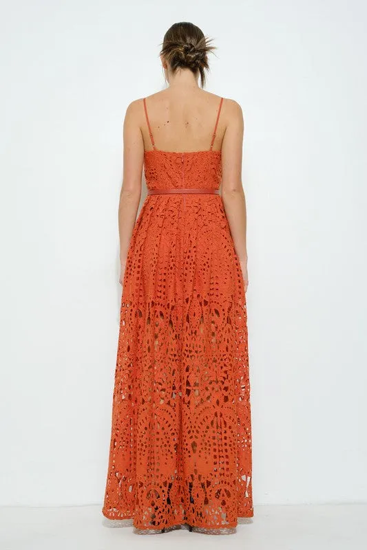 Lace Maxi Spaghetti Strap Dress with Belt