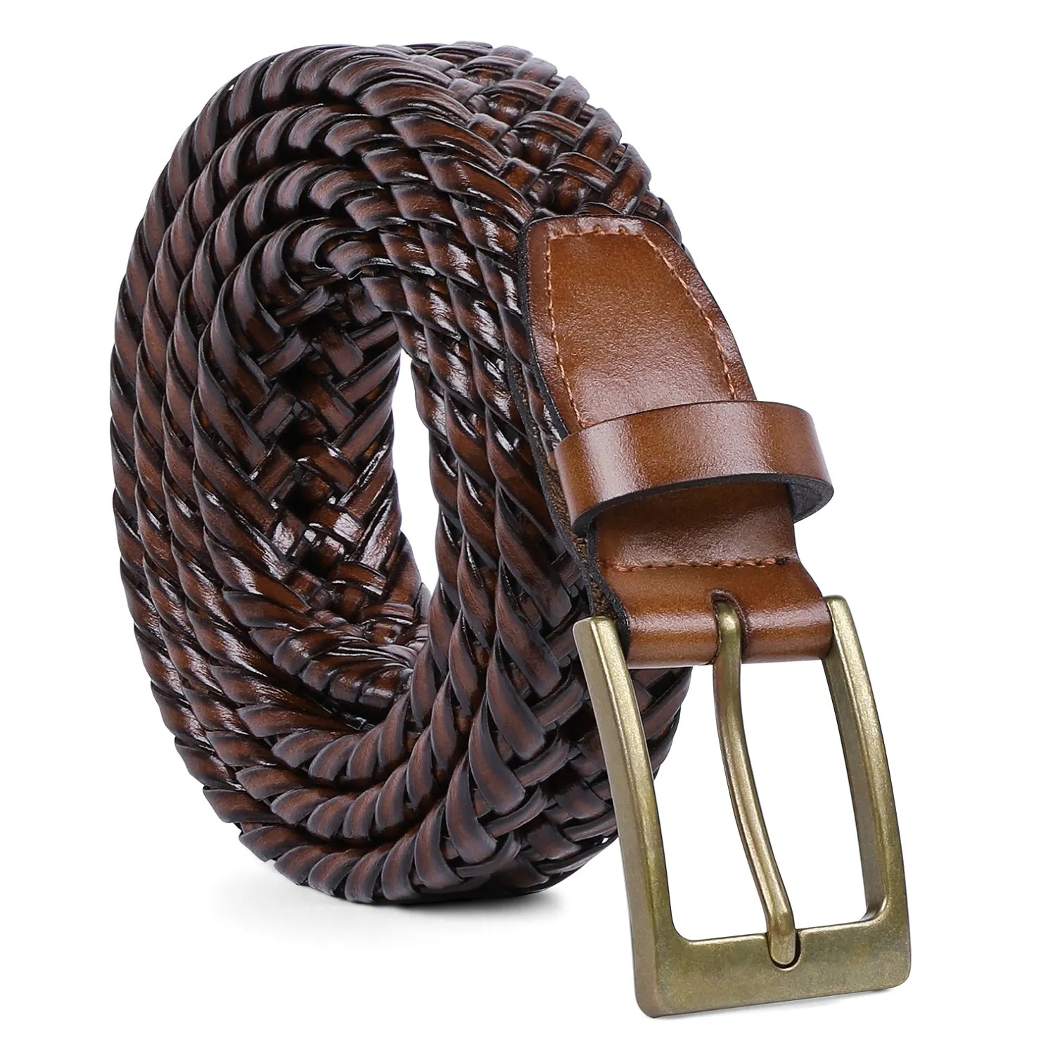 Men's Braided Leather Belt, Braided Woven Belt for Men Casual Jeans with Solid Strap Single Prong Buckle by JASGOOD