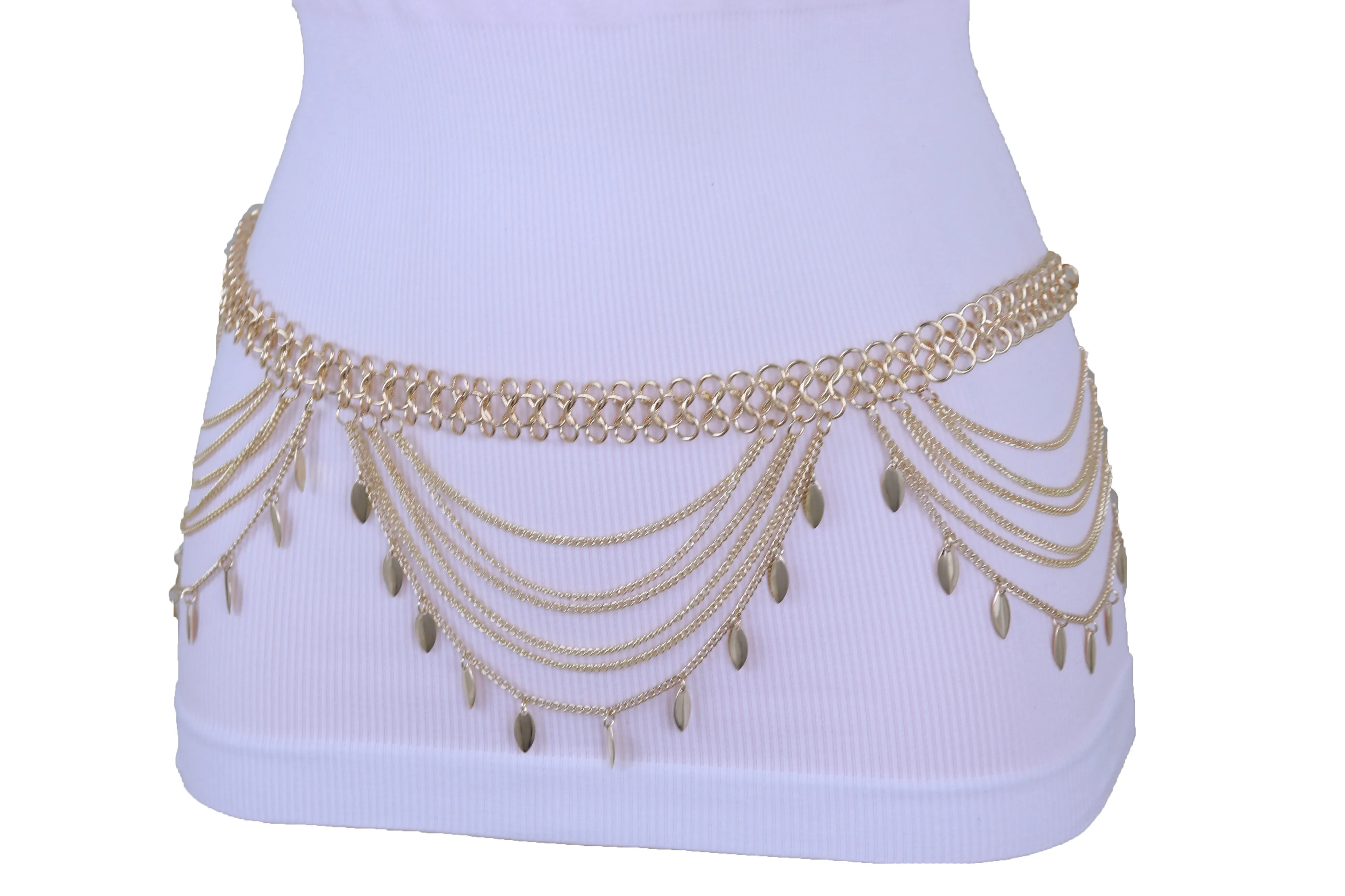 Multi Strand Side Waves Leaf Charms Metal Chain Belt