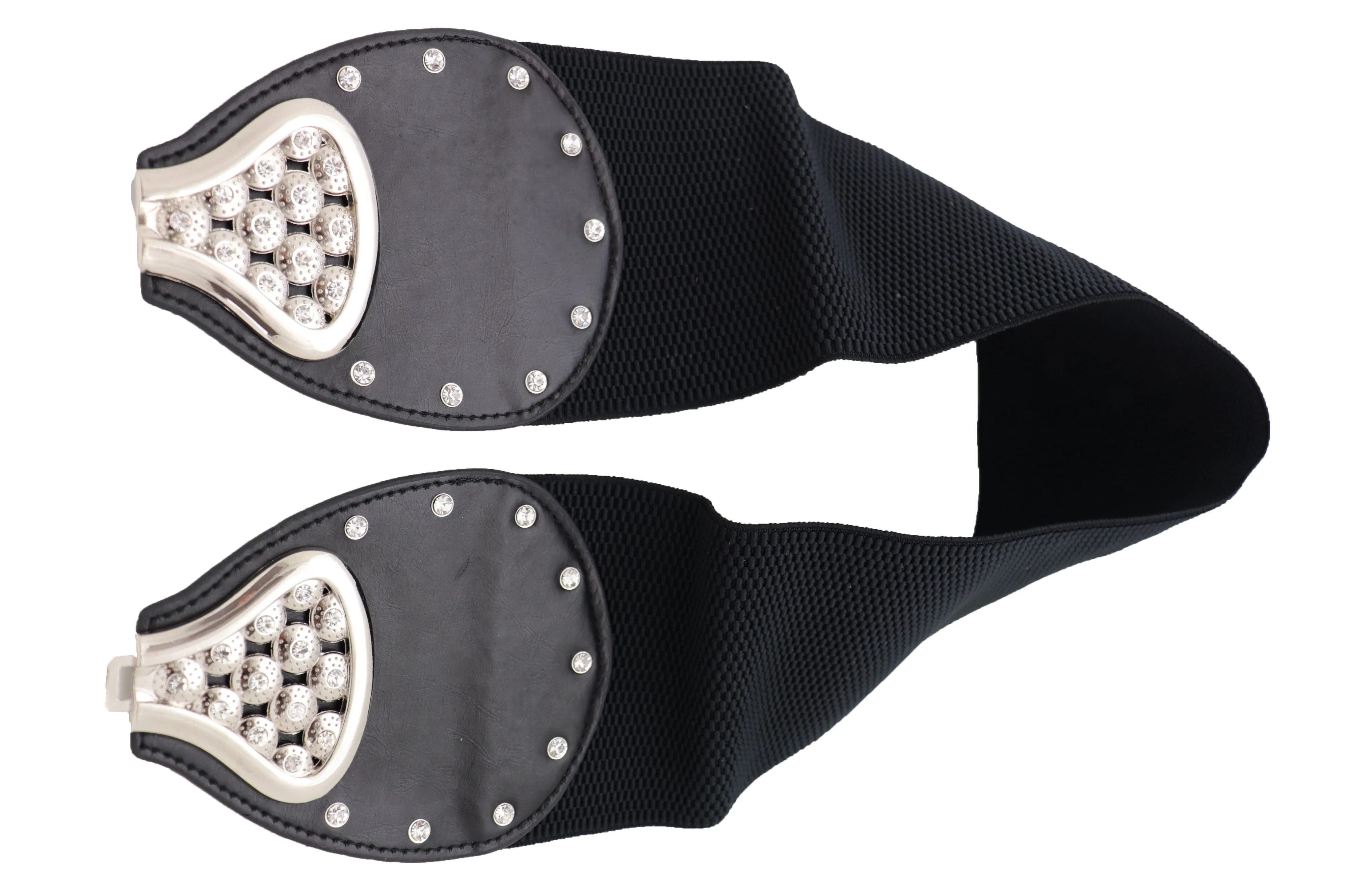 Wide Black Elastic Waistband Fashion Belt Bling Bow Tie Buckle Size S M