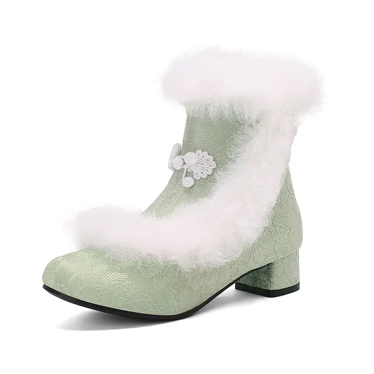 Women's Embroider Furry Block Heel Ankle Boots