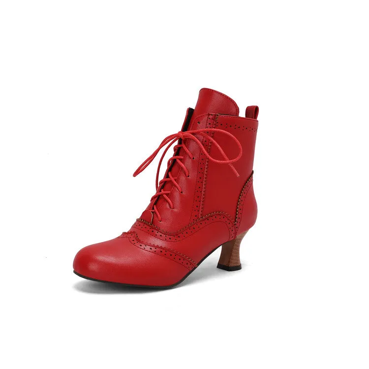 Women's Patchwork Lace-Up Round Toe Hoof Heel Ankle Boots