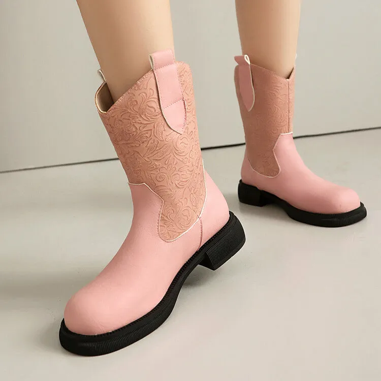 Women's Patchwork Round Toe Flat Platform Mid Calf Western Boots